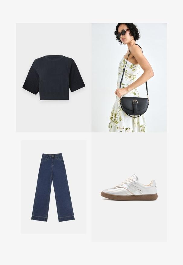 Tmavě modrý zkrácený pletený svetr s vroubkovanou texturou, krátkými širokými rukávy a kulatým výstřihem. Jednoduchý design, bez viditelných vzorů nebo akcentů.; Džíny s širokými nohavicemi v tmavě modrém denimovém provedení. Disponují pěti kapsami, poutky na opasek a surovým lemem na spodní straně s viditelnými detailem šití.; Nubikk RAY OWEN - Tenisky - silver metallic/shiny mocca; Černá kožená kabelka s křivkovým tvarem, odnímatelným popruhem a zlatými detaily. Kabelka má klopu s přezkou.