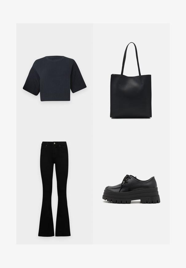 Mørke marineblå cropped striktrøje med ribbet tekstur, korte brede ærmer og rund halsudskæring. Enkel design, ingen synlige mønstre eller accenter.; Sorte højtaljede jeans med knap- og lynlåslukning, forlommer og flagrende ben, lagt fladt på en hvid baggrund.; Even&Odd Snøresko - black; Sort læder tote taske med glat tekstur, rektangulær form og to lange hanke. Ingen synlig hardware eller udsmykninger.