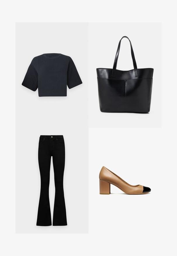 Tamsiai mėlynas trumpas mezginys su raukšlėta tekstūra, trumpomis plačiomis rankovėmis ir apvaliu kaklu. Paprastas dizainas, be matomų raštų ar akcentų.; Juodos aukšto liemens džinsai su mygtuku ir užtrauktuku, priekinėmis kišenėmis ir platėjančiomis kojomis, išdėstyti ant baltos fono.; Šviesiai ruda odinė aukštakulnė bateliai su apvaliu nosiu ir juodu blizgiu užkulniu, turintys blokinį kulną ir glotnų paviršių.; Juoda odinė rankinė su dviem ilgais diržais, lygiu paviršiumi ir struktūrizuota forma. Yra priekinė kišenė papildomam saugojimui.