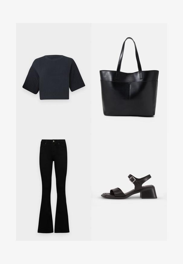 Temno modri skrajšani pleteni pulover z rebrasto teksturo, kratkimi širokimi rokavi in okroglim izrezom. Preprost dizajn, brez vidnih vzorcev ali poudarkov.; Črne visokotopne kavbojke z gumbom in zadrgo, sprednjimi žepi in razširjenimi hlačnicami, poleg bel background.; Črne usnjene sandale z odprtim prstom, širokim pasom čez stopalo in trakcem okoli gležnja, ki vsebuje srebrno zaponko. Oblika z blokastim peto.; Črna usnjena torba z dvema dolgima ročajema, gladko teksturo in strukturirano obliko. Ima sprednji žep za dodatno shranjevanje.