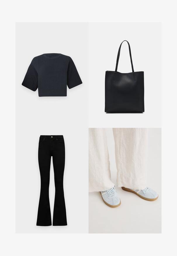 Dark navy cropped knit sweater with ribbed texture, short wide sleeves, and a round neckline. Simple design, no visible patterns or accents.; Black high-waist jeans with a button and zip closure, front pockets, and flared legs laid flat on a white background.; Light blue suede sneakers with white accents, round toe, and flat gum sole, paired with cream-colored, wide linen pants.; Black leather tote bag with smooth texture, rectangular shape, and two long handles. No visible hardware or embellishments.