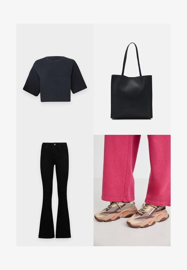 Dark navy cropped knit sweater with ribbed texture, short wide sleeves, and a round neckline. Simple design, no visible patterns or accents.; Black high-waist jeans with a button and zip closure, front pockets, and flared legs laid flat on a white background.; Chunky beige sneakers with mesh and brown accents, featuring orange highlights and a textured sole. Worn with pink pants, showcasing a casual look.; Black leather tote bag with smooth texture, rectangular shape, and two long handles. No visible hardware or embellishments.
