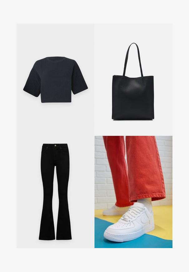 Tamsiai mėlynas trumpas mezginys su raukšlėta tekstūra, trumpomis plačiomis rankovėmis ir apvaliu kaklu. Paprastas dizainas, be matomų raštų ar akcentų.; Juodos aukšto liemens džinsai su mygtuku ir užtrauktuku, priekinėmis kišenėmis ir platėjančiomis kojomis, išdėstyti ant baltos fono.; Baltos odinės kedų sportbačiai su perforuotu pirštu, tekstūruota pado dalimi ir baltais raišteliais, derinami su plačiomis raudonomis kelnėmis ir mėlynos bei geltonos spalvų fono kompozicija.; Juodas odinis tote krepšys su lygia tekstūra, stačiakampio formos ir dviem ilgais rankenomis. Matomų metalinių detalių ar puošybos nėra.