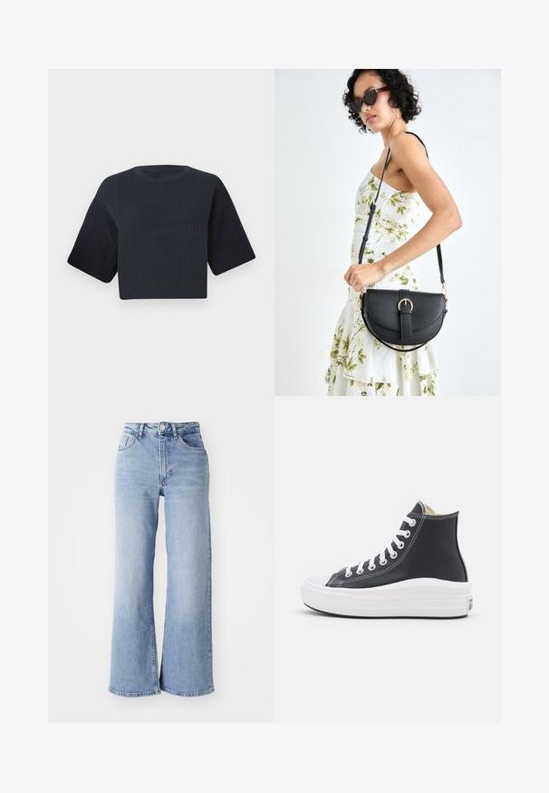 Dark navy cropped knit sweater with ribbed texture, short wide sleeves, and a round neckline. Simple design, no visible patterns or accents.; Light blue high-waist wide-leg jeans with front and back pockets, button closure, and subtle fading on the thighs and hems.; Black high-top sneaker with white laces and rubber sole. Features a smooth leather texture and white stitching accents.; Black leather handbag with a curved shape, detachable strap, and gold hardware. The bag features a flap with a buckle detail.