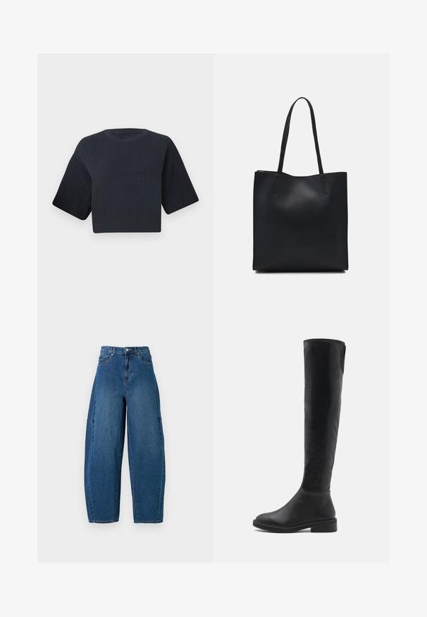 Temno modri skrajšani pleteni pulover z rebrasto teksturo, kratkimi širokimi rokavi in okroglim izrezom. Preprost dizajn, brez vidnih vzorcev ali poudarkov.; Jeans iz denima v srednjem modrem pranju, z visokim pasom, širokim krojem nogavic in standardnim pet-imenskim dizajnom s vidnimi šivi.; Črne nadkolenske škorne iz gladkega usnja s zaobljenim nosom, nizkim blok peto in kontrastnim šivom po zgornjem robu.; Črna usnjena torba s svilnato teksturo, pravokotne oblike in dvema dolgima ročajema. Brez vidnih metalnih delov ali okrasnih elementov.