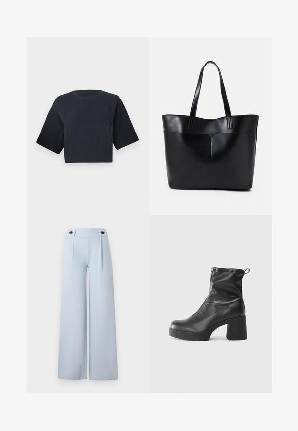 Suéter de malha cropped em azul marinho escuro com textura canelada, mangas curtas largas e decote redondo. Design simples, sem padrões ou acentos visíveis.; Calças largas de tom azul claro com frente plana, pregas e dois botões pretos na cintura. Feitas de um tecido suave com um acabamento limpo.; Botas de tornozelo pretas feitas de couro liso, com fecho lateral, salto grosso texturizado e design de bico arredondado.; Bolsa tote preta em couro com duas alças longas, textura suave e forma estruturada. Apresenta um bolso frontal para armazenamento adicional.
