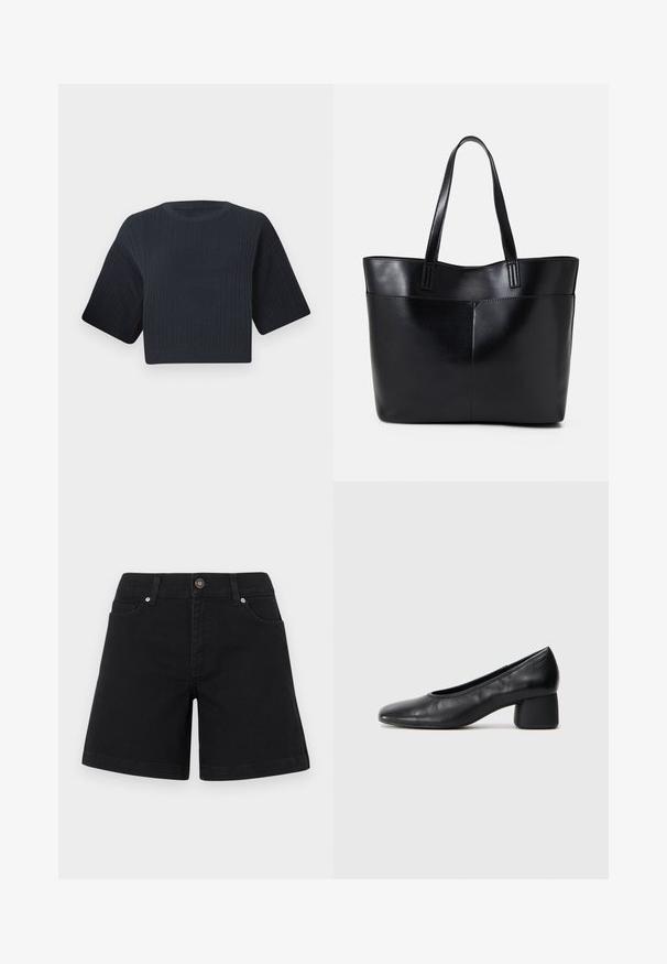 Tamsiai mėlynas trumpas mezginys su raukšlėta tekstūra, trumpomis plačiomis rankovėmis ir apvaliu kaklu. Paprastas dizainas, be matomų raštų ar akcentų.; Juodai džinsiniai šortai su tiesaus kirpimo dizainu, šoniniais kišenėmis ir sagos uždarymu juosmens srityje. Lygi tekstūra ir minimalistinė stilistika.; Juodai odiniai aukštakulniai batai su apvaliu pirštu ir vidutiniu bloku. Lygi tekstūra su minimaliu apdailos, turinčia subtilų elastingą atidarymą.; Juoda odinė rankinė su dviem ilgais diržais, lygiu paviršiumi ir struktūrizuota forma. Yra priekinė kišenė papildomam saugojimui.