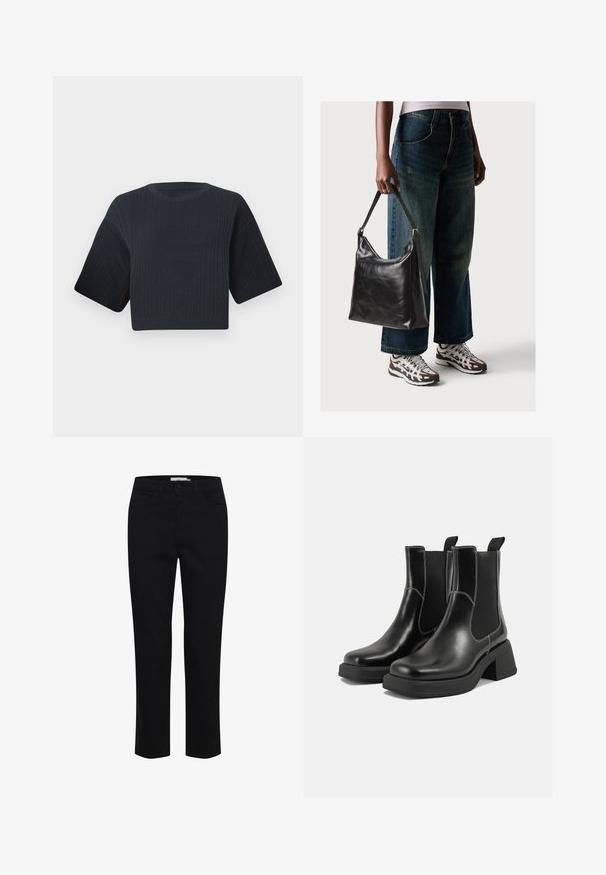 Suéter de malha cropped em azul marinho escuro com textura canelada, mangas curtas largas e decote redondo. Design simples, sem padrões ou acentos visíveis.; Calças de algodão pretas, com corte direito. Apresentam cinco bolsos e fecho frontal com botão. Textura suave, detalhes de costura minimalistas.; Botas Chelsea em couro preto com um salto grosso, painéis laterais elásticos e costura branca em contraste. Acabamento texturizado.; Bolsa de ombro em couro preto com textura suave e alça ajustável, combinada com jeans de perna larga desbotados e ténis desportivos.