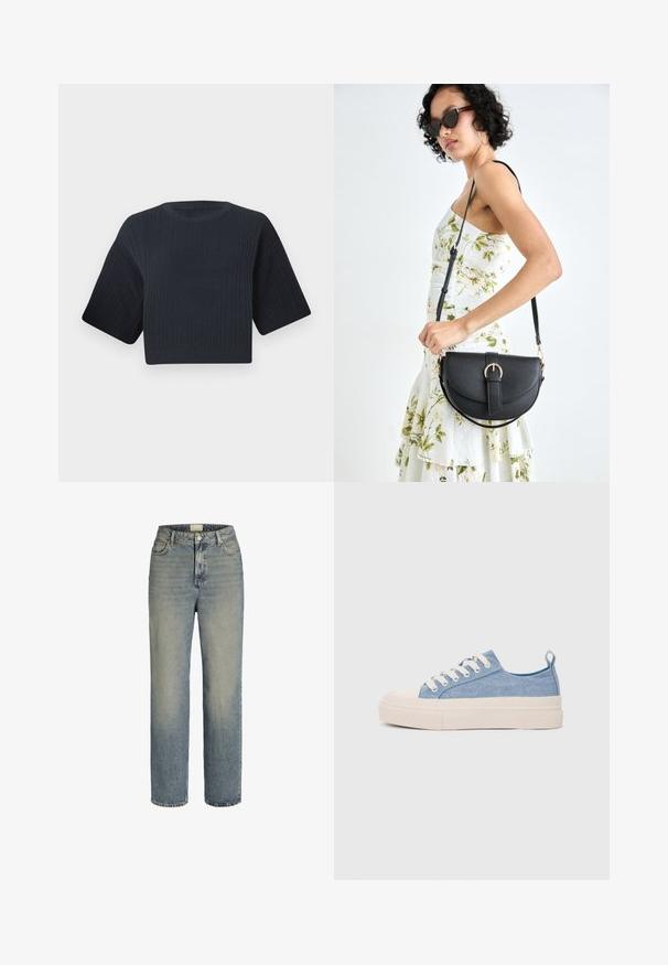 Tumši zili izgriezts adīts džemperis ar ribotu tekstūru, īsām platām piedurknēm un apaļu kakla izgriezumu. Vienkāršs dizains, bez redzamām rakstu vai akcentiem.; Gaišzili džinsi ar taisnu kāju dizainu, augstu jostasvietu, piecu kabatu stilu un vieglu izbalēšanu. Iezīmē metāla pogu un rāvējslēdzēja aizdari.; Gaiši zili kanvas sneakeri ar krēmkrāsas gumijas pirksta aizsargu un ārējo zoli, aprīkoti ar baltām šņorēm un cilpu uz papēža.; Melnas ādas rokassoma ar izliekta formu, noņemamu siksnu un zelta aksesuāriem. Somai ir vāciņš ar sprādzes detaļu.