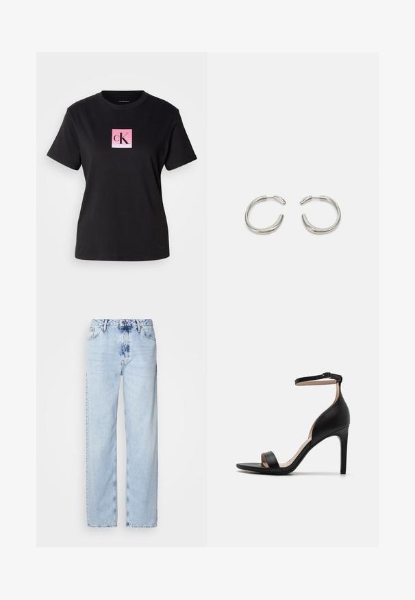 Black cotton t-shirt featuring a square pink gradient logo with "cK" in black font at the center. Short sleeves and crew neckline.; Light blue wide-leg jeans made from denim, featuring a high waist, faded wash, and subtle tie-dye pattern along the front.; Black leather high-heeled sandal featuring a thin ankle strap, open toe, and minimalistic design with a smooth texture and seamless finish.; Silver hoop earrings with a smooth, rounded design and a sleek, polished finish. Features a minimalistic shape with a slight opening.