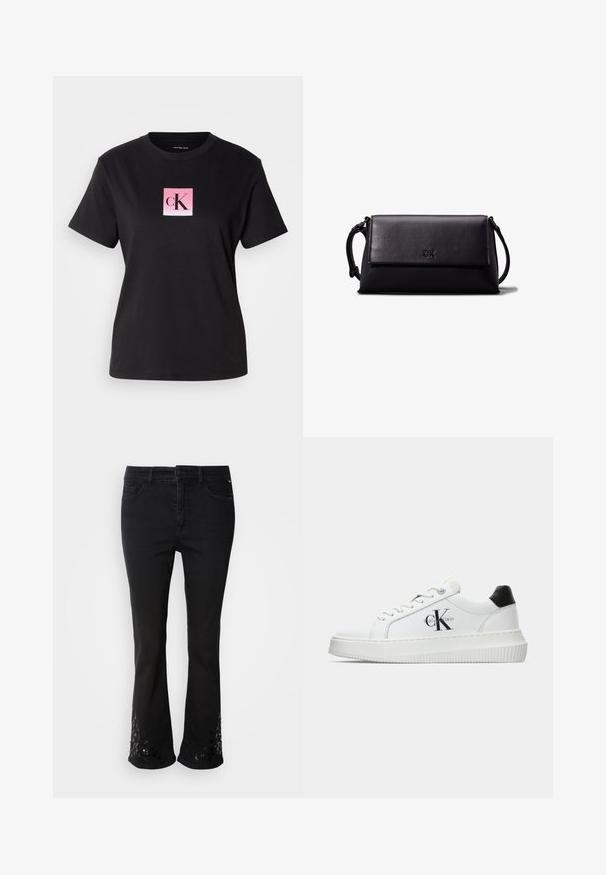 Must räbalinane t-särk mustast puuvillast, millel on ruudu kujuline roosa gradientlogo ning keskel must font "cK". Lühikesed varrukad ja ümmargune kaelus.; Mustad denim flared teksad kaunistatud litritega mustri ääres, viie taskuga, vöökohaga ja ees nupuga kinnitusega.; Valge madalate sokkidega jooksutoss, millel on must konts, platvormi tallad, paelad ja Calvin Kleini "CK" logo küljel.; Mustast nahkclutch, millel on ristkülikuline kuju, sile tekstuur, lame klappkinnitus ja väike käepide külgedel. Omab peenelt logo.; Calvin Klein STATEMENT LINKS - Kõrvarõngad - silver-coloured