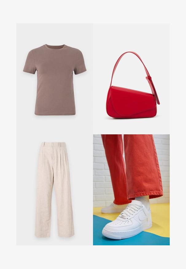 Kortermet t-skjorte i dempet brunt, laget av glatt bomull med klassisk rund hals og minimale sømdetaljer.; Lysebeige linbukser med løs passform, som har frontfold og rett bendesign. Minimalistisk stil og teksturert stoff.; Hvit lær sneakers med perforert tåboks, teksturert såle og hvite snørebånd, paret med vide røde bukser og en blå og gul bakgrunn.; Rød lærveske med en vinklet, geometrisk design. Har en enkelt justerbar stropp og en klaffelukking med sydd detaljer.