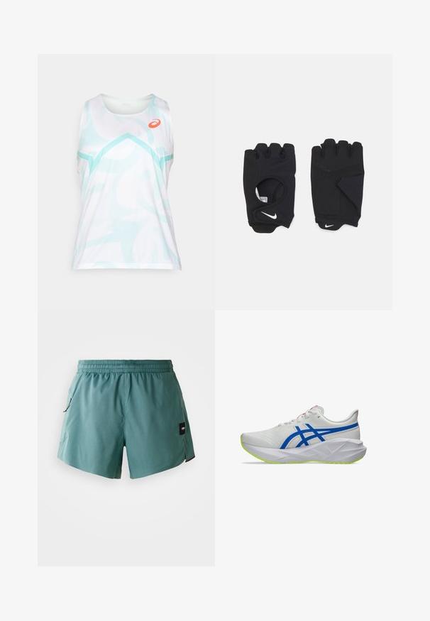Camiseta sin mangas blanca con un patrón abstracto en azul claro, con cuello redondo. Logo naranja en la parte superior izquierda.; Pantalones cortos de color aqua, hechos de una tela ligera, con una cinturilla elástica, bolsillos laterales y una etiqueta en el lado izquierdo.; Zapatilla deportiva blanca con acentos azules, presenta una parte superior de malla, suela blanca gruesa con diseño texturizado y una suela verde.; Guantes sin dedos negros hechos de material elástico, con un diseño de palma abierta, acentos antideslizantes y el logo de Nike en blanco.
