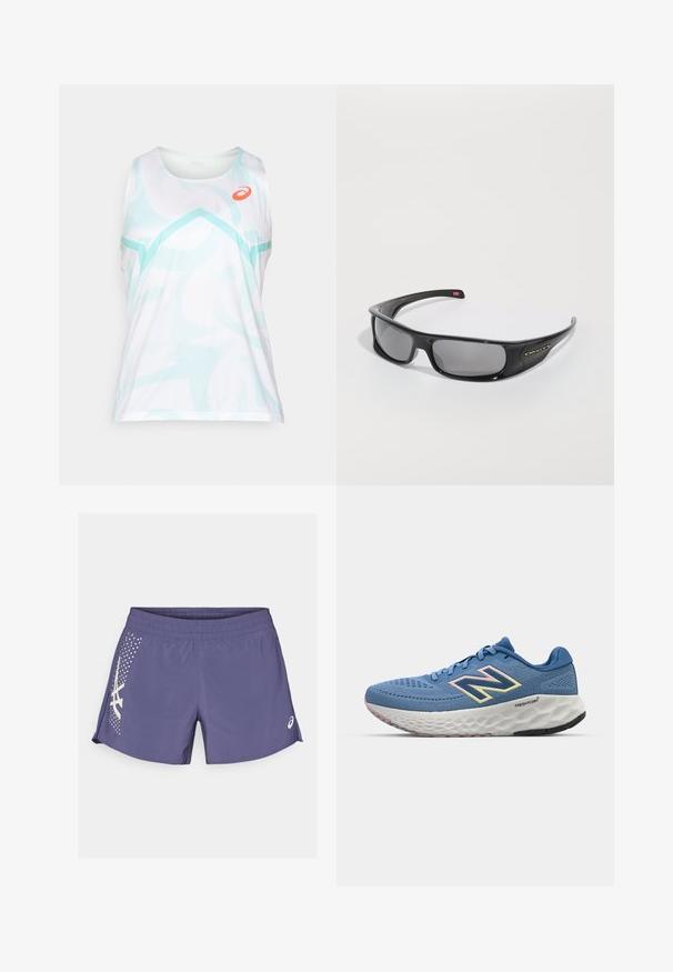 Weißes Tanktop mit hellem blauen abstrakten Muster, mit Rundhalsausschnitt und ärmellosem Design. Oranges Logo auf der oberen linken Seite.; Lila Sportshorts aus leichtem Material, mit einem weißen Muster und Logo an der Seite. Elastischer Bund mit glatter Textur.; Blaues Sportschuh mit Netzobermaterial, hellrosa und gelben Akzenten, gepolstertem weißen Zwischensohlenelement und schwarzem Außensohle. Mit Logo an der Seite.; Schwarze Oakley-Sonnenbrille im Wraparound-Stil mit dunklen rechteckigen Gläsern und gebogenen Bügeln auf einem schlichten weißen Hintergrund.