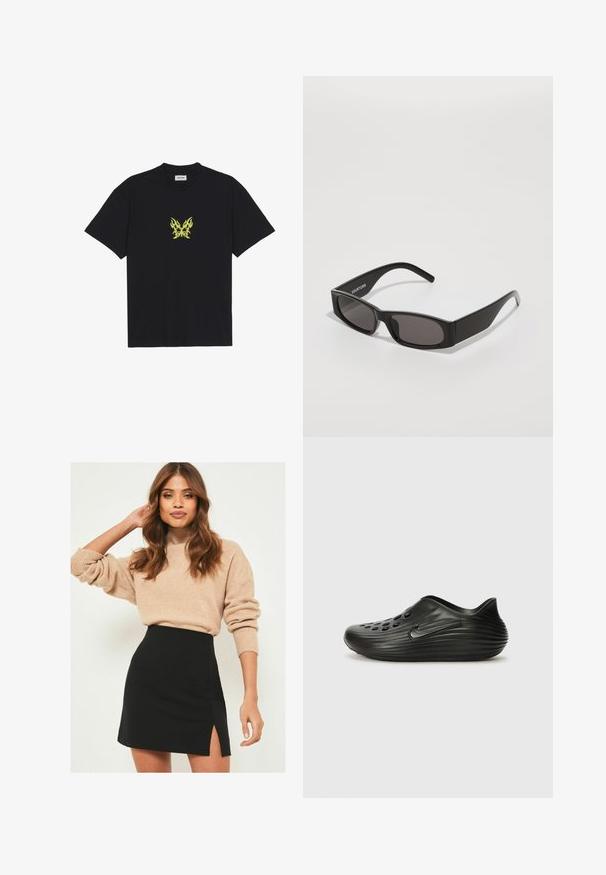 Svart bomulls t-shirt med en liten, gul flammönstrad fjärilsgraphic på bröstet. Rundad halsringning, korta ärmar.; Beige stickad tröja med ribbade manschetter, tillsammans med en svart miniskirt med en sidoklyvning. Outfiten har en avslappnad men ändå figurnära silhuett.; Svarta halkskydd i plast med slät yta, ribbad design, perforerade hål på ovandelen och en subtil sidologotyp.; Svarta rektangulära solglasögon med mörka linser, en slät plastinramning och en diskret logotyp på vänster skalmar. Minimalistisk design.; Svart läderhandväska med en böjd form, dragkedjestängning, två svarta fransar och silverfärgade detaljer, inklusive en unik fästdetalj.