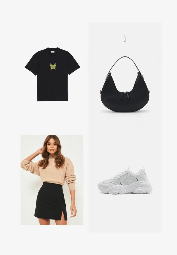 Svart bomulls t-shirt med en liten, gul flammönstrad fjärilsgraphic på bröstet. Rundad halsringning, korta ärmar.; Beige stickad tröja med ribbade manschetter, tillsammans med en svart miniskirt med en sidoklyvning. Outfiten har en avslappnad men ändå figurnära silhuett.; Vitaidsskor i vitt med en texturerad ovansida, vadderad plös och tjock sula. Designen innehåller böjda linjer och små detaljer på sidorna.; Svart läderhandväska med en böjd form, dragkedjestängning, två svarta fransar och silverfärgade detaljer, inklusive en unik fästdetalj.