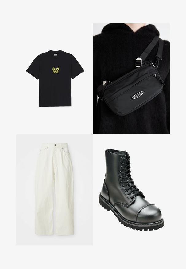 Černé bavlněné tričko s malým grafikou motýla se vzorem žlutých plamenů na hrudi. Kulatý výstřih, krátké rukávy.; Bílé kalhoty s širokými nohavicemi vyrobené z bavlny, s vysokým pasem, pěti kapsami a kovovým zapínáním na knoflík. Hladká textura s minimalistickým designem.; Černá kožená bojová bota s vysokým kotníkem, kulatou špičkou, šněrováním v přední části a robustní gumovou podrážkou s hlubokým vzorem pro lepší přilnavost.; Černá nylonová krosbody taška s nastavitelným popruhem, s hladkou texturou, přední kapsou na zip a akcentem loga.