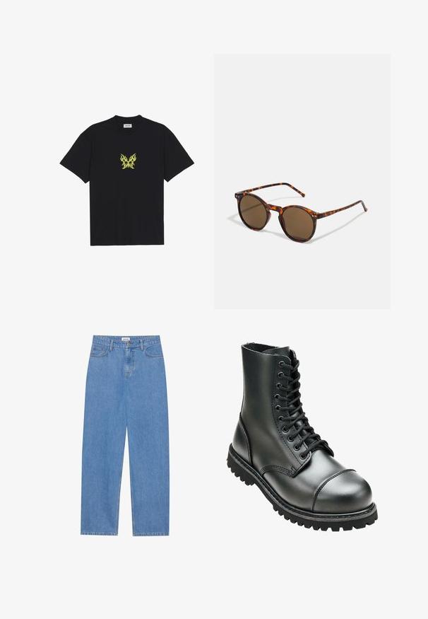 Camiseta de algodón negra con un pequeño gráfico de mariposa con patrón de llamas amarillas en el pecho. Cuello redondo, mangas cortas.; Jeans de mezclilla azul claro con corte recto, diseño de cinco bolsillos, cierre de un solo botón y detalles de costura sutiles en las costuras.; Bota de combate de cuero negro con tobillo alto, punta redonda, cordones en la parte delantera y suela de goma resistente con un dibujo profundo para mayor tracción.; Gafas de sol redondas con montura de Carey's y lentes marrones. Presentan patillas delgadas con ligera textura y acentos metálicos cerca de los lentes.