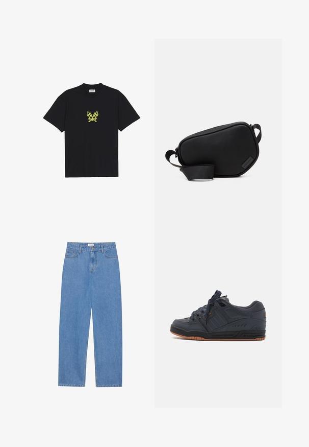 Black cotton t-shirt featuring a small, yellow flame-patterned butterfly graphic on the chest. Crew neckline, short sleeves.; Light blue denim jeans with a straight cut, five-pocket design, single button closure, and subtle stitching details on the seams.; Globe FUSION - Skate shoes - phantom/burnt orange; Black, zippered crossbody bag made of smooth material, featuring a flat shape, a single strap, and a small logo accent. Minimalist design.
