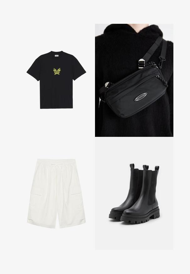 Sort bomull T-skjorte med et lite, gult flamme-mønster av en sommerfugl på brystet. Rund hals, korte ermer.; Hvite cargo shorts med elastisk strikk og snor. Har to sidelommer og en teksturert overflate. Lengden når midt på låret.; Sorte lærankelstøvler med elastiske sidepaneler og pull-tabs. Kraftige gummisoner med dybe mønstre for bedre trækkraft.; Svart nylon crossover-veske med justerbar stropp, med en jevn tekstur, en frontlomme med glidelås, og en logo-detalj.