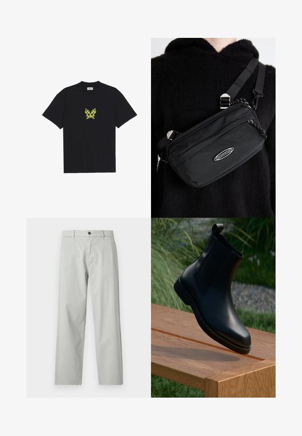 Juodas medvilnės marškinėliai su mažuoju geltonu ugnies rašto drugeliu ant krūtinės. Apvalus kaklas, trumpi rankovės.; Šviesiai pilki, tiesių kojų kelnės, pagamintos iš lygios, audinės medžiagos. Su priekine mygtukų uždarymo sistema ir šoniniais kišenėmis. Minimalistinis stilius.; Juodi odiniai auliniai batai su lygiu paviršiumi, elastingomis šoninėmis dalimis ir kilpiniu užtrauktuku stiebo viršuje, padėti ant medinės paviršiaus.; Juodas nailono per petį nešiojamas krepšys su reguliuojama juosta, turintis lygią tekstūrą, priekinį užtrauktuką ir logotipo akcentą.
