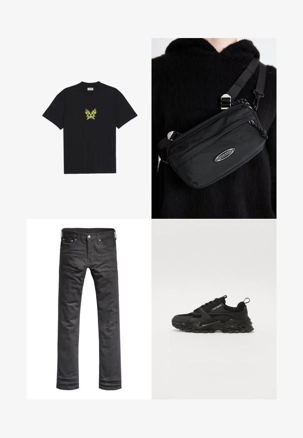 Black cotton t-shirt featuring a small, yellow flame-patterned butterfly graphic on the chest. Crew neckline, short sleeves.; Black denim jeans with a classic straight-leg design. Features front pockets, a button fly, and subtle stitching details.; Black sneakers featuring a mix of mesh and synthetic materials, a chunky rubber sole, and prominent lacing system with a pull tab.; Black nylon crossbody bag with adjustable strap, featuring a smooth texture, a front zipper pocket, and a logo accent.