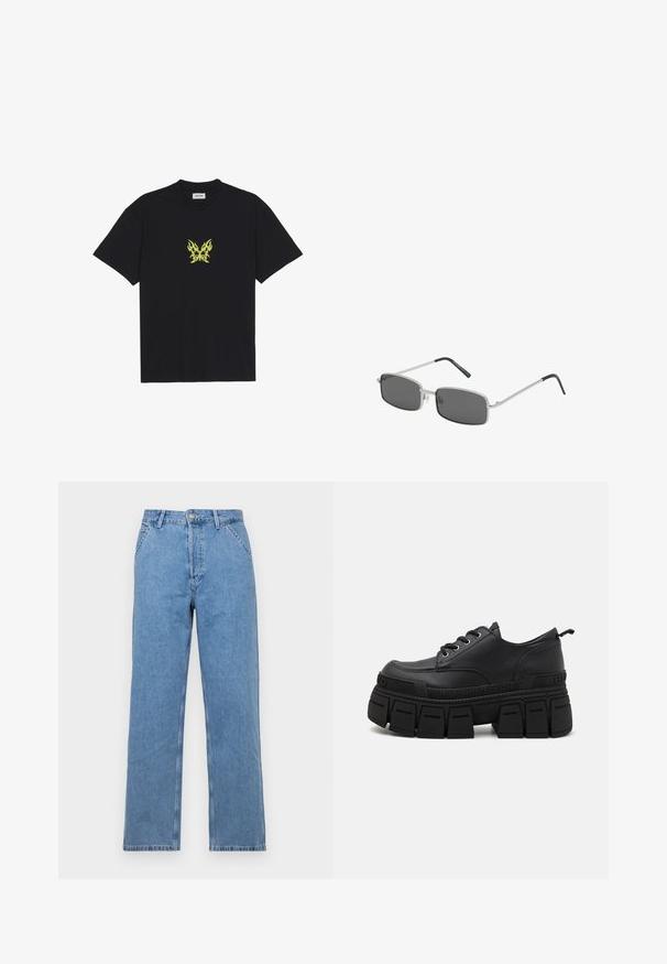 Fekete pamut póló, kicsi, sárga lángmintázatú pillangó grafikával a mellkason. Kerek nyakkivágás, rövid ujjak.; Világoskék farmer egyenes szárú nadrág klasszikus öt zsebes kialakítással, elülső gombos záródással és övhurkokkal. Simaság jellemzi.; Buffalo GOSPHER LACE UP - Fűzős cipők - black; Négyzet alakú napszemüveg sötétszürke lencsékkel, vékony ezüst fém kerettel és fekete gumi bevonatú fülekkel. Minimalista dizájn.