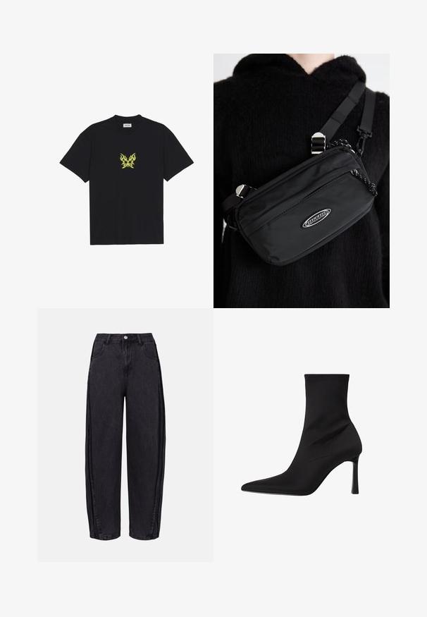 Črna bombažna majica s kratkimi rokavi, ki na prsih prikazuje majhen grafični motiv metulja v rumenem plamenskem vzorcu. Okrogla izrezana vratna linija.; Črne široke jeans hlače iz denima z gladko teksturo. Imajo visok pas, sprednje žepe in gumbasto zapiranje na pasu.; Črne gležnjarje iz gladkega materiala, z ostrim nosom, elegantno prileganjem in visokim stileto peto, z minimalnimi šivi.; Črn najlon torba za čez ramo z nastavljivim trakom, ki ima gladko teksturo, sprednji žep na zadrgo in akcent z logotipom.