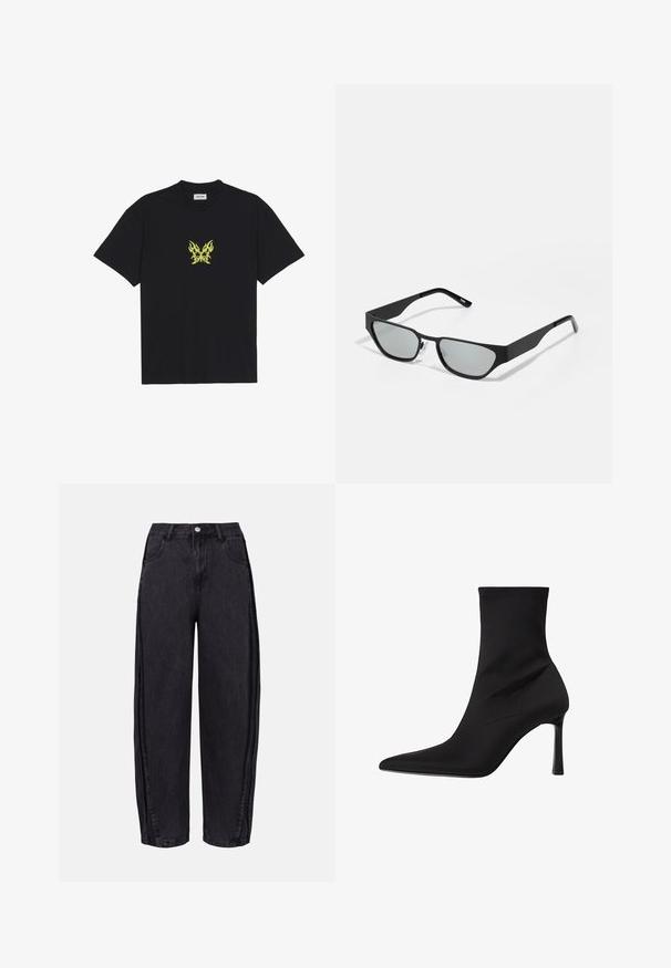 T-shirt en coton noir avec un petit graphique de papillon à motif flammes jaunes sur la poitrine. Encolure ronde, manches courtes.; Jeans noirs à jambes larges en denim avec une texture lisse. Présentent une taille haute, des poches avant et une fermeture à bouton à la taille.; Bottines noires en tissu lisse, avec un bout pointu, un design ajusté élégant et un talon aiguille haut, avec des détails de coutures minimaux.; Lunettes de soleil noires avec des verres rectangulaires, une finition mate et une légère forme angulaire. Elles disposent de plaquettes de nez transparentes et d'un design minimaliste.; Sac bandoulière noir en nylon avec une bandoulière ajustable, doté d'une texture lisse, d'une poche à fermeture éclair à l'avant et d'un accent de logo.