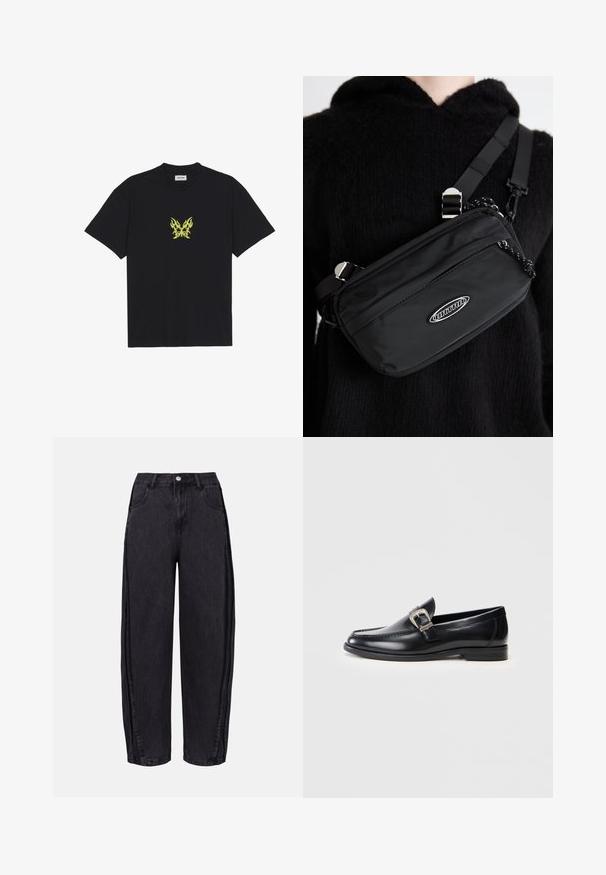 Melnā kokvilnas T-kreklā ir neliels dzeltenu liesmu rakstā veidots tauriņš uz krūšu daļas. Ar apaļu kakla izgriezumu, īsām piedurknēm.; Melni platās kājas džinsi, izgatavoti no gluda denima. Iespējas ietver augstu jostasvietu, priekšējās kabatas un pogu aizdari jostasvietā.; Melnas ādas loafers ar noapaļotu purngalu, detalizētu dūrienu, sudraba sprādzi kā akcentu un zemu papēdi. Gluda tekstūra ar pulētu apdari.; Melnas neilona pārnēsājamā soma ar regulējamām siksnas, ar gludu tekstūru, priekšējo rāvējslēdzēja kabatu un logotipa akcentu.