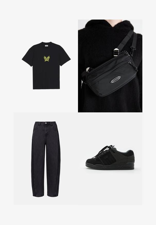 Svart bomulls t-shirt med en liten, gul flammönstrad fjärilsgraphic på bröstet. Rundad halsringning, korta ärmar.; Svarta vida jeans i denim med en slät textur. Har hög midja, framfickor och knappstängning i midjan.; Svarta sneakers med ovandel i mocka och textil, med texturerade detaljer, vadderad krage, snörning och sula i gummi med logotypdetalj.; Svart nylon crossbody-väska med justerbar rem, med en slät textur, en framficka med dragkedja och en logotypdetalj.