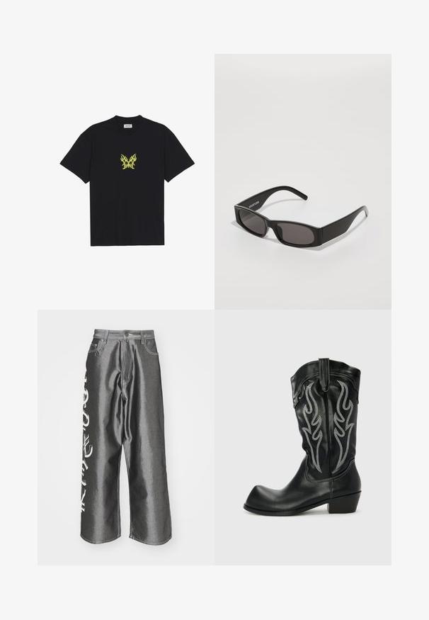Camiseta de algodón negra con un pequeño gráfico de mariposa con patrón de llamas amarillas en el pecho. Cuello redondo, mangas cortas.; Jaded London CURRENCY SHINY COLOSSUS - Vaqueros holgados - silver; Botas de vaquero de cuero negro con bordado de llamas metálicas plateadas, punta afilada y un tacón bajo apilado. Textura suave y borde superior redondeado.; Gafas de sol rectangulares negras con lentes oscuros, una montura de plástico suave y un logo sutil en el brazo izquierdo. Diseño minimalista.