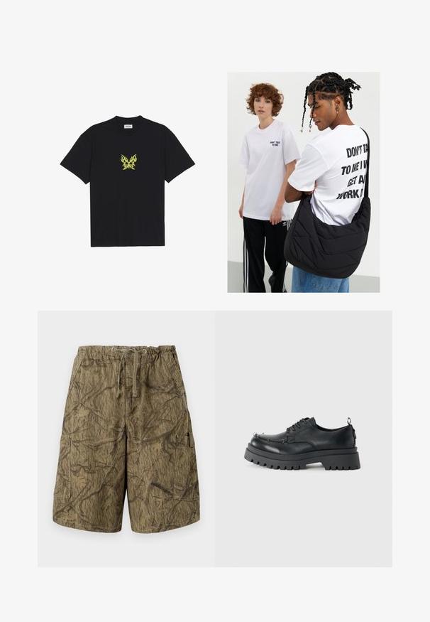 Svart bomulls t-shirt med en liten, gul flammönstrad fjärilsgraphic på bröstet. Rundad halsringning, korta ärmar.; Kamouflage cargoshorts i dämpade jordnära färger. Tillverkade av slitstarkt material, med snörning i midjan och sidofickor för cargo. Strukturerad tryckdesign.; Svart kraftig läder snörskor med tjock slitstark sula och metallöglor på tåområdet, fotograferad mot en enkel ljus bakgrund.; Svart kviltad axelväska med mjuk textur, bärs av en person i en vit grafisk T-shirt med fet text. Avslappnad outfit med denim.