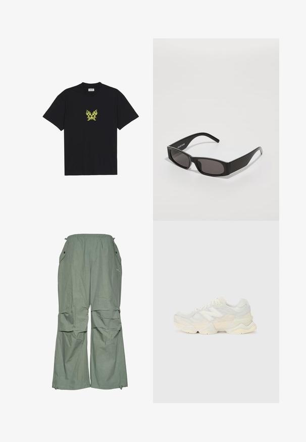 Crna pamučna majica s grafikom leptira u malom žutom plamenu na prsima. Okrugli izrez, kratki rukavi.; Svijetlozeleni, široki cargo hlače s elastičnim pojasom, bočnim džepovima i širokim nogavicama. Izrađene od lagane tkanine s naboranom teksturom.; Lagana tenisica s gornjim dijelom od mrežice i antilopa u blagim krem tonovima, srobustnom potplatom i trodimenzionalnim detaljima.; Crne pravokutne sunčane naočale s tamnim lećama, glatkim plastičnim okvirom i suptilnim logotipom na lijevoj dršci. Minimalistički dizajn.