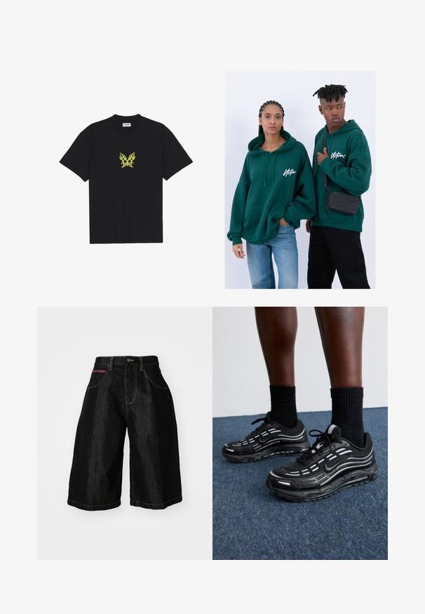 T-shirt de algodão preto com um pequeno gráfico de borboleta em padrão de chama amarela no peito. Decote redondo, mangas curtas.; Calções de ganga pretos com pernas largas, apresentando cinco bolsos, um fecho de botão e costura contrastante. Um dos bolsos tem um detalhe em vermelho.; Os sapatos pretos da Nike apresentam um upper em malha com riscas de destaque, atacadores texturizados e uma sola de borracha preta. Usados com meias pretas caneladas.; Sweatshirts verdes com capuz e bolsos frontais, de corte largo. Um modelo usa jeans pretos, enquanto o outro leva uma bolsa crossbody preta.