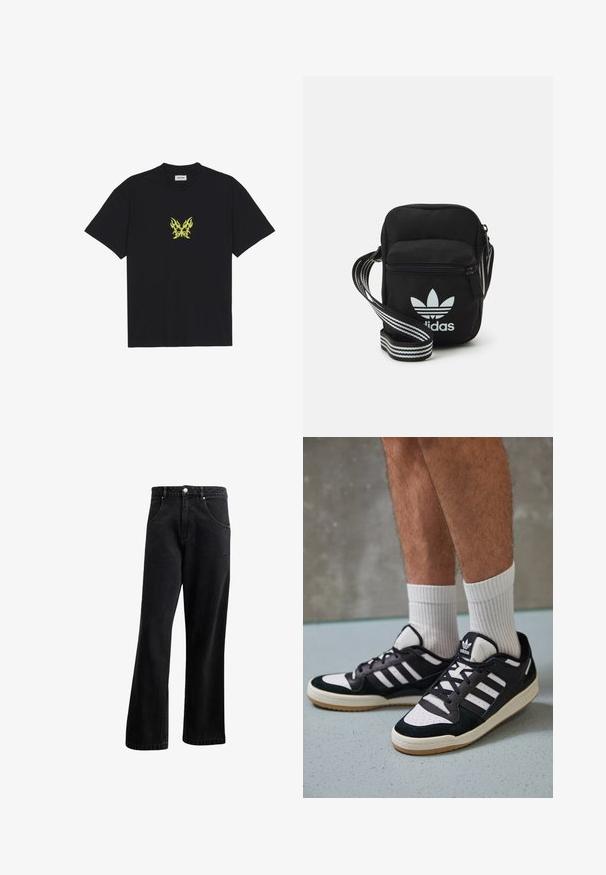 Juodas medvilnės marškinėliai su mažuoju geltonu ugnies rašto drugeliu ant krūtinės. Apvalus kaklas, trumpi rankovės.; Juodi džinsai su tiesiu siluetu, turintys priekinius kišenes, mygtukų užtrauktuką ir šiek tiek tekstūros. Įtraukta subtili logotipo detalė.; Juodos ir baltos sportinės bateliai su zomšiniu ir odiniu viršumi, su trimis baltomis juostelėmis, perforuota koja ir guminėmis padais.; Juodas audinio per petį nešiojamas krepšys su užtrauktuku, turintis baltą Adidas logotipą ir dryžuotą reguliuojamą diržą patogiam nešiojimui.
