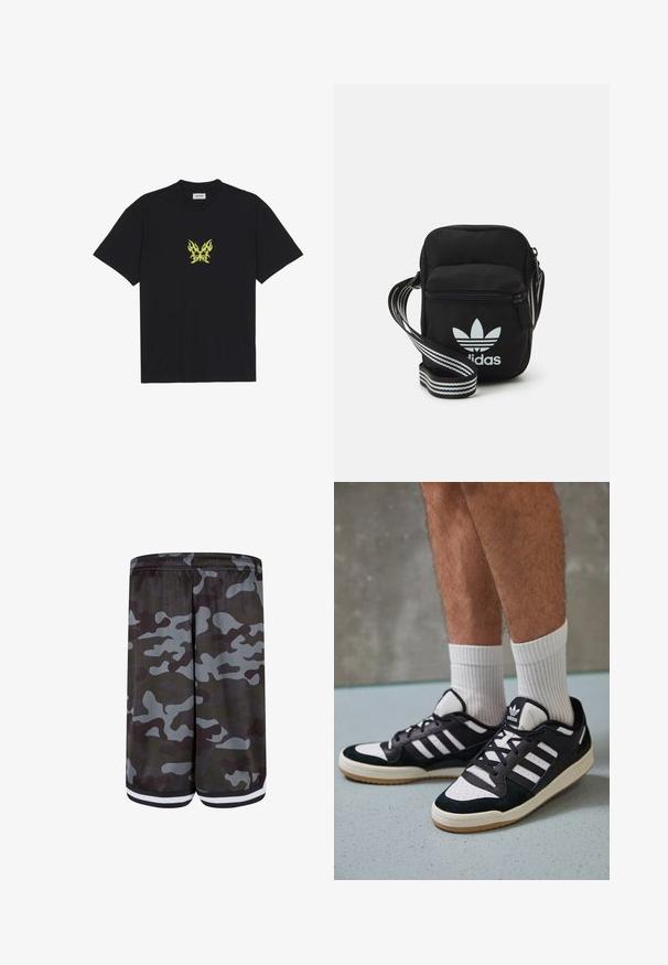 Camiseta de algodón negra con un pequeño gráfico de mariposa con patrón de llamas amarillas en el pecho. Cuello redondo, mangas cortas.; Pantalones cortos de camuflaje con textura de malla, predominantemente grises con acentos en verde oscuro, cinturilla elástica y detalles de franjas blancas en el dobladillo.; Zapatillas en blanco y negro con parte superior de ante y cuero, que presentan tres franjas blancas, una puntera perforada y una suela de goma.; Bolso cruzado de tela negra con cierre de cremallera, que presenta un logo blanco de Adidas y una correa ajustable a rayas para un fácil transporte.