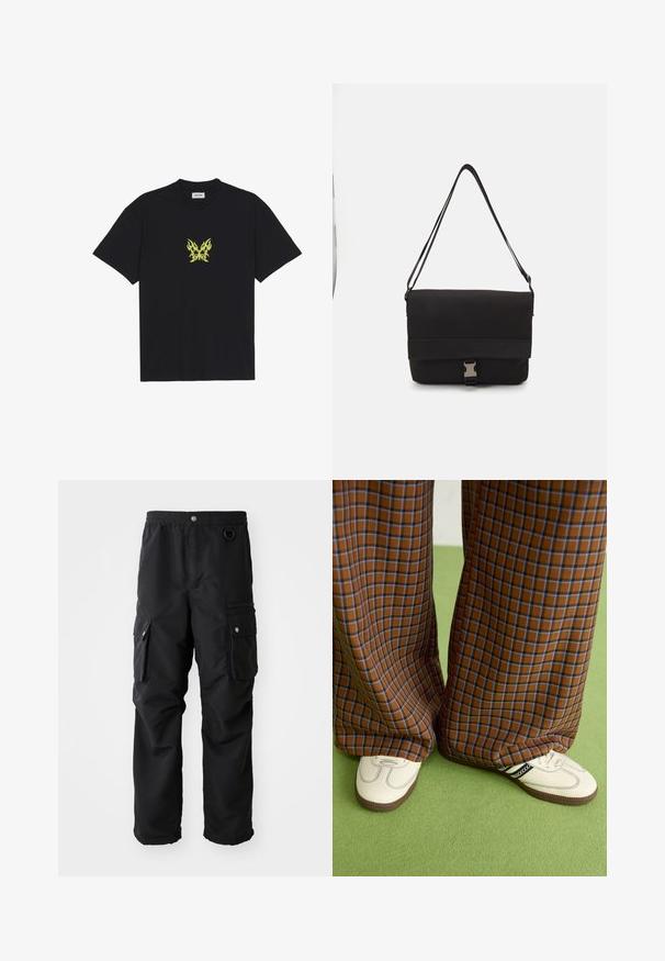 Zwarte katoenen t-shirt met een kleine gele vlinderafbeelding met vlampatroon op de borst. Ronde halslijn, korte mouwen.; Zwarte cargobroek met elastische tailleband, meerdere zijzakken en een gladde, duurzame stof. Voorzien van zilveren accenten.; Bruine en blauwe geruite wijde broek, gecombineerd met witte schoenen met zwarte accenten en een gestructureerde zool, gezet tegen een groene achtergrond.; Zwarte schoudertas van glad materiaal, met een omklapflap, zilveren sluiting en een verstelbare schouderband.
