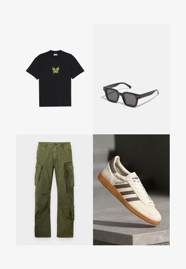 Černé bavlněné tričko s malým grafikou motýla se vzorem žlutých plamenů na hrudi. Kulatý výstřih, krátké rukávy.; Kargo kalhoty v olivově zelené barvě, vyrobené z bavlněné směsi. Obsahují několik postranních kapes, zip a zesílené švy pro zvýšení odolnosti.; Bílé semišové tenisky s hnědými koženými akcenty, třemi hnědými pruhy a bílými tkaničkami. Mají texturovanou kaučukovou podrážku a zlaté logo "SPEZIAL".; Černé obdélníkové sluneční brýle s tmavými skly, disponující silným rámem, decentními akcenty po stranách a bez viditelných log kromě názvu značky.