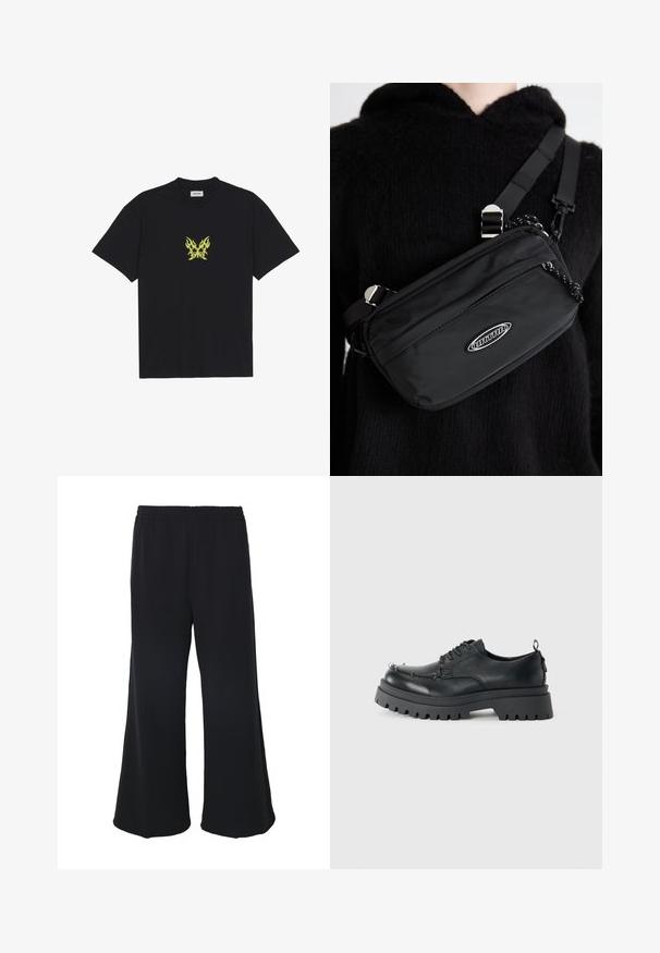 Must musta t-särk, millel on rinnal väike kollane leekidega liblika graafika. Ümmargune kaelus, lühikesed varrukad.; Weekday GABRIEL LOOSE TROUSERS - Püksid - black; Must musta nahkkingad, paksu robustse tallaga ja metallist silmadega varvaste piirkonnas, pildistatud ühevärvilise heleda tausta ees.; Musthave musta nailonkott rihmaga, millel on reguleeritav rihm, siledapinnaline tekstuur, eespool tõmblukuga tasku ja logo aktsent.