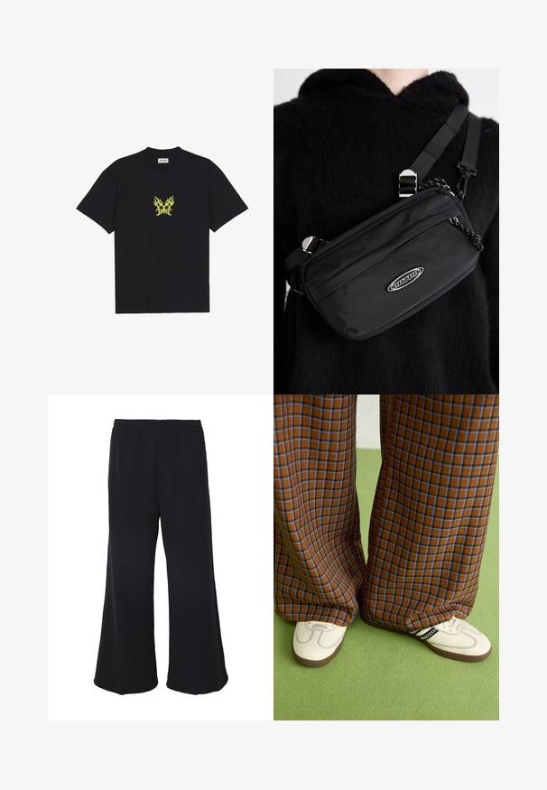 Zwarte katoenen t-shirt met een kleine gele vlinderafbeelding met vlampatroon op de borst. Ronde halslijn, korte mouwen.; Weekday GABRIEL LOOSE TROUSERS - Broek - black; Bruine en blauwe geruite wijde broek, gecombineerd met witte schoenen met zwarte accenten en een gestructureerde zool, gezet tegen een groene achtergrond.; Zwarte nylon crossbody tas met een verstelbare schouderriem, met een gladde textuur, een voorzak met rits en een logo-accent.