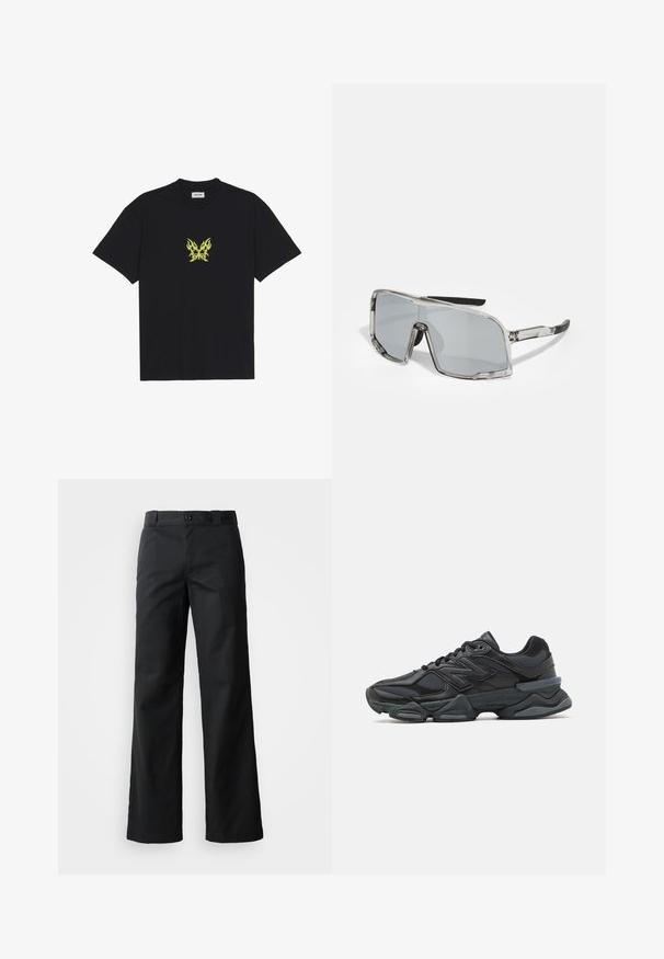 Črna bombažna majica s kratkimi rokavi, ki na prsih prikazuje majhen grafični motiv metulja v rumenem plamenskem vzorcu. Okrogla izrezana vratna linija.; Črne široke hlače iz gladkega materiala. Imajo gumbno zaklepanje, zanke za pas in stranske žepe. Čist, krojen silhuet.; Črne tekaške superge, ki združujejo mrežaste in sintetične materiale, imajo debel podplat, ukrivljen oblikovni slog ter izrazito blagovno znamko na strani.; Sončna očala s prozornim okvirjem, sivo lečo, pravokotno obliko, temples z gumo in nastavljivimi nosnimi blazinicami.