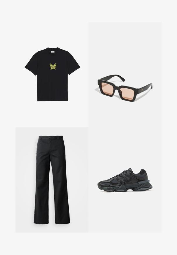 Black cotton t-shirt featuring a small, yellow flame-patterned butterfly graphic on the chest. Crew neckline, short sleeves.; Black wide-leg trousers in a smooth fabric. Features a button closure, belt loops, and side pockets. Clean, tailored silhouette.; Black running shoe featuring a mix of mesh and synthetic materials, chunky sole, curved design, and prominent branding on the side.; Black plastic sunglasses with rectangular frames and light pink tinted lenses. Features a logo accent on the side.