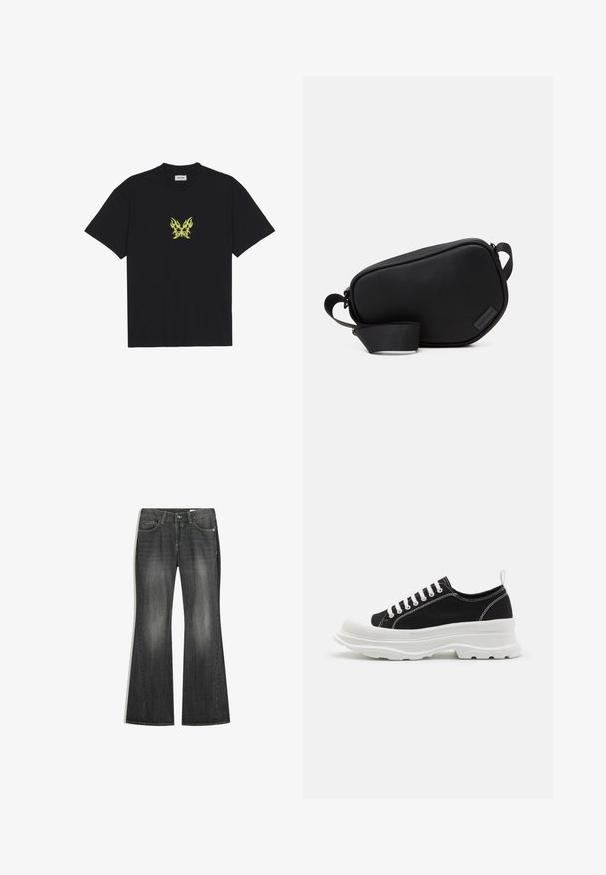 Črna bombažna majica s kratkimi rokavi, ki na prsih prikazuje majhen grafični motiv metulja v rumenem plamenskem vzorcu. Okrogla izrezana vratna linija.; Zagljeni temno sivi kavbojke iz jeansa z zbledelim dizajnom, več žepi in z gumbom za zapiranje. Imajo trpežno šivanje in klasičen slog.; Črne platnene superge z belim gumijastim podplatom, zaobljenim kapicom za prste in belimi vezalkami. Opozorljiv teksturiran podplat in detajl šivanja na ob strani.; Črni nahrbtnik za čez ramo z zadrgo je izdelan iz gladkega materiala, ima raven obliko, en trak in majhen logotip. Minimalističen dizajn.