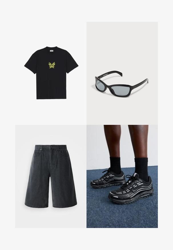 Sort bomull T-skjorte med et lite, gult flamme-mønster av en sommerfugl på brystet. Rund hals, korte ermer.; Denimshorts i mørkegrå, med en avslappet passform, fem lommer og et midjebånd med beltehempen. Materialet har en glatt tekstur.; Sorte Nike-sko har en mesh-overdel med aksentstriper, teksturert snøring og en svart gummisåle. Brukt med svarte ribbede sokker.; Svart solbriller med en elegant, vinklet design. Har grå linser og glatte plastikkrammer. Inkluderer små metall detaljer og branding på armen.