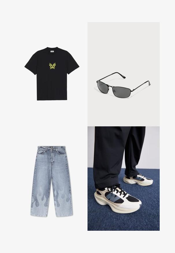 Črna bombažna majica s kratkimi rokavi, ki na prsih prikazuje majhen grafični motiv metulja v rumenem plamenskem vzorcu. Okrogla izrezana vratna linija.; Svijetloplavi traperice širokog kroja; imaju suptilan uzorak plamenova u svjetlijoj nijansi na donjem dijelu nogavica. Klasičan dizajn s pet džepova.; Bela in črna športna obutev z teksturiranimi detajli in modrim poudarkom, z robustnim podplatom in črnimi vezalkami, v kombinaciji s črnimi hlačami.; Črne sončne očala z kovinskim okvirjem, pravokotnimi lečami in ozkim dizajnom. Imajo sivo obarvane leče in subtilno označevanje na ročaju.