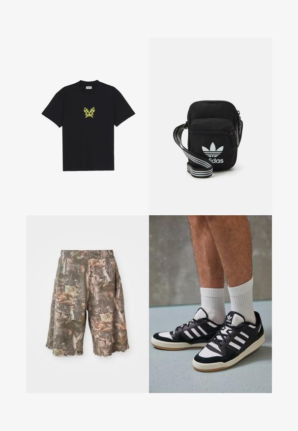 Fekete pamut póló, kicsi, sárga lángmintázatú pillangó grafikával a mellkason. Kerek nyakkivágás, rövid ujjak.; Kamikázzsal díszített rövidnadrág rugalmas derékkal, zöld, barna és bézs színkeverékkel, szakadt alsó szegéllyel a durva megjelenés érdekében.; Fekete-fehér tornacipők velúr és bőr felsőrésszel, három fehér csíkkal, perforált orral és gumi talppal.; Fekete anyagú, keresztpántos táska cipzáras záródással, fehér Adidas logóval és csíkos állítható pánttal a könnyű hordozás érdekében.