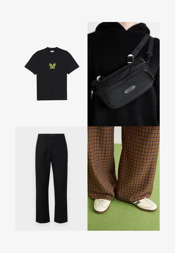 Črna bombažna majica s kratkimi rokavi, ki na prsih prikazuje majhen grafični motiv metulja v rumenem plamenskem vzorcu. Okrogla izrezana vratna linija.; GAP SLIM PERFORMANCE STRETCH - Hlače chino - true black; Rjave in modre kariraste hlače širokih nogavic, v kombinaciji z belimi čevlji, ki imajo črne poudarke in teksturirane podplate, na zeleni podlagi.; Črn najlon torba za čez ramo z nastavljivim trakom, ki ima gladko teksturo, sprednji žep na zadrgo in akcent z logotipom.