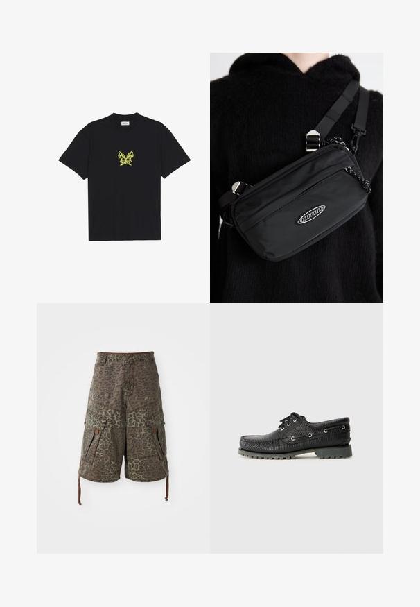 T-shirt in cotone nero con una piccola grafica a farfalla con motivo a fiamma gialla sul petto. Collo a giro, maniche corte.; Pantaloni cargo mimetici in verde e marrone con stampa leopardata, caratterizzati da tasche multiple, cordini regolabili e dettagli di cucitura rinforzati.; Scarpa nera in tessuto di pizzo con lacci, punta rotonda, occhielli in metallo e suola in gomma grigia resistente. Presenta un motivo intrecciato sulla parte superiore.; Borsa a tracolla nera in nylon con tracolla regolabile, caratterizzata da una texture liscia, una tasca con zip frontale e un accento con logo.