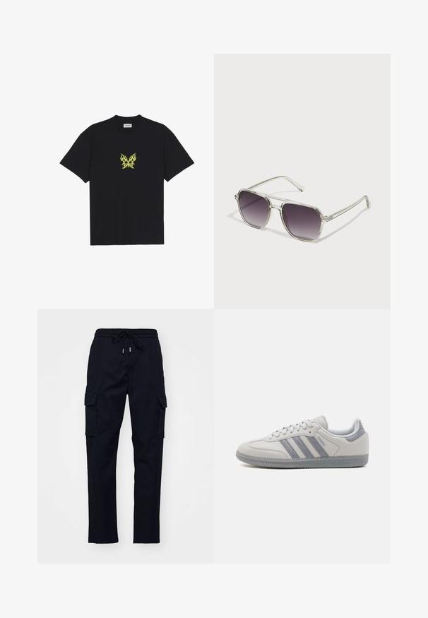 Black cotton t-shirt featuring a small, yellow flame-patterned butterfly graphic on the chest. Crew neckline, short sleeves.; Black cargo pants with an elastic waistband, drawstring, and two side pockets. Smooth fabric with a tapered leg design.; White leather sneakers featuring three grey stripes, a rounded toe, grey accents on the heel, and a textured rubber sole.; Clear-framed sunglasses with a square shape and gradient gray lenses. Slim silver accents on the temples add detail.